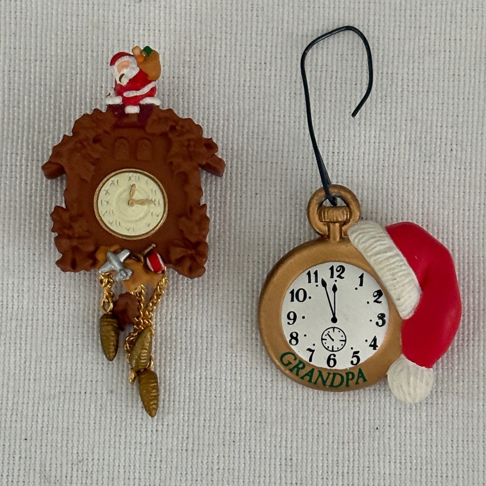 Vintage‎ Christmas Ornament Set Santa Cuckoo Clock & Grandpa Pocket Watch 2pc